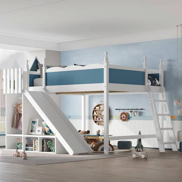Blue/Off White Queen Loft Bed with Storage Shelves and Wardrobe, Detachable Slide and Ladders