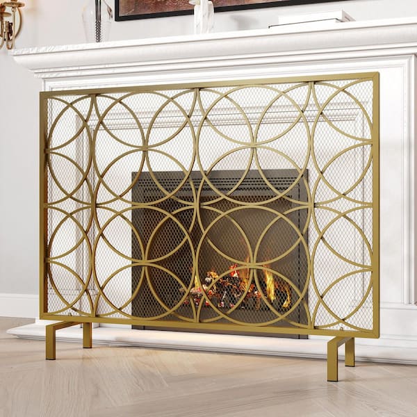 41 in. Iron Gold Single Panel Durable Fireplace Screen , Home decor