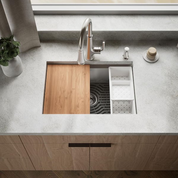 Task Workstation 27 in. Drop-In Single Bowl 18-Gauge Stainless Steel Kitchen Sink 2-Faucet Holes