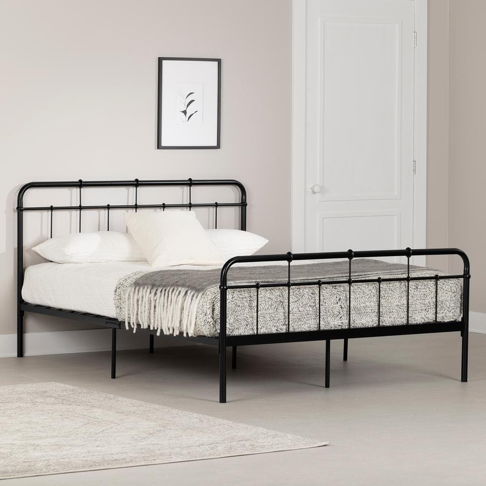 Full Black Metal Platform Bed with Headboard and Footboard