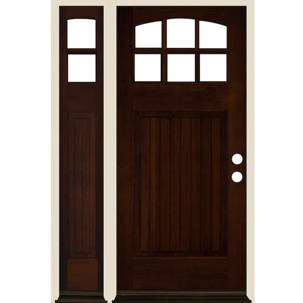 Krosswood Doors 50 in. x 80 in. V-Groove Arched 6-Lite Clear Glass Red Mahogany Stain Left Hand Hemlock Wood Prehung Front Door w/LSL