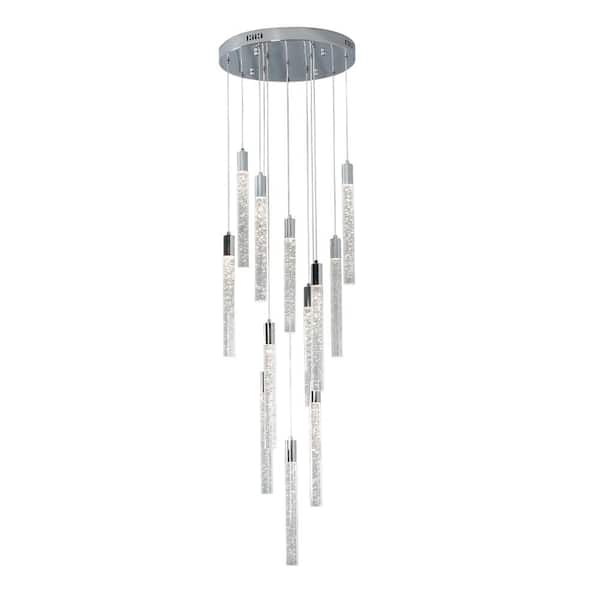 UMEILUCE 12-Lights Integrated LED Chrome High Ceiling Chandelier for Stairs Living Room, Warm Light Dimmable Pendant Light