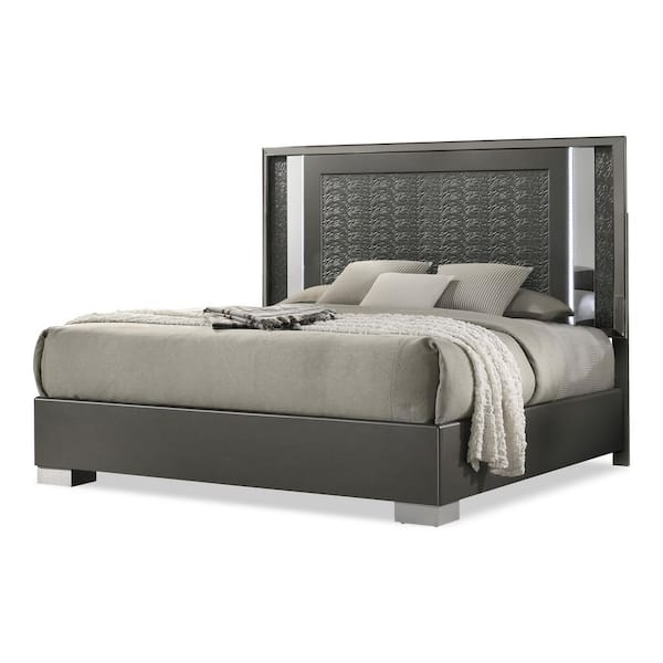 Jena Dark Gray Wood Frame King Platform Bed with LED on Headboard and Leaf Pattern Molding