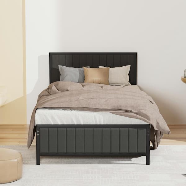 VECELO Bed Frame, Gray Metal Frame, Twin Platform Bed with Heavy-Duty Metal Foundation, Upholstered Headboard Bed