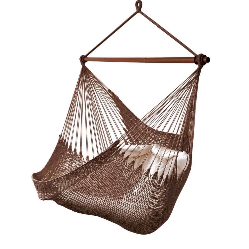 XL Caribbean Rope Hammock Chair 60.6x47.2 in with Detachable Metal Bar, 330 lb Capacity, Saddle Brown