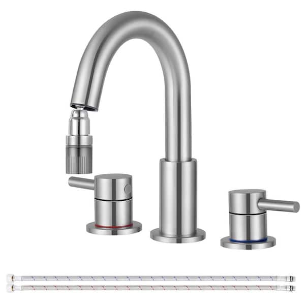 AKLFGN Double Handles 8 in. Widespread Bathroom Sink Faucet 3-Hole with Pull Out Sprayer in Brushed Nickel