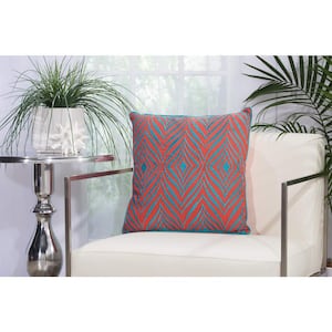 Coral and Turquoise Geometric Stain Resistant 18 in. x 18 in. Indoor/Outdoor Throw Pillow