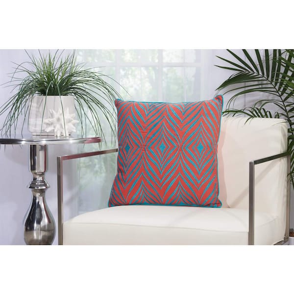 Mina Victory Coral and Turquoise Geometric Stain Resistant 18 in. x 18 in. Indoor/Outdoor Throw Pillow