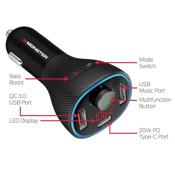 Monster Bluetooth FM Transmitter with Dual Charging Type-C PD Qc3.0