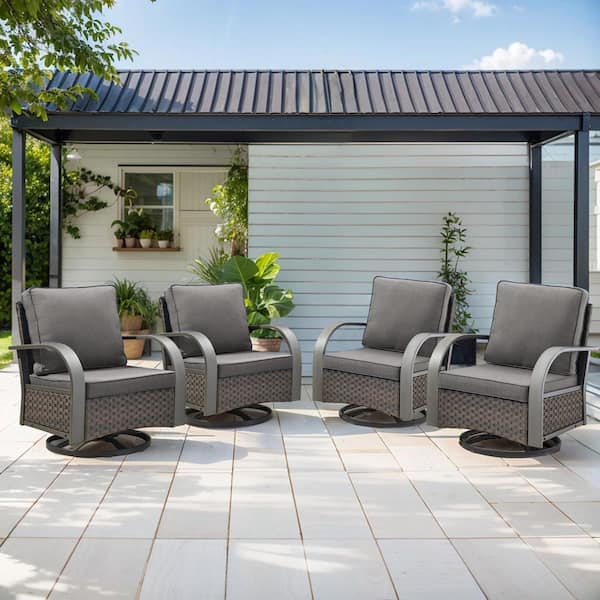 ArcMetal Brown Wicker Outdoor Rocking Chairs, Patio Swivel Gliders with Gray Cushions for Porch or Balcony (4-Pack)