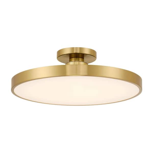 Thayer 20 in. Warm Brass Slim Contemporary Integrated LED Semi-Flush Mount with Etched White Glass