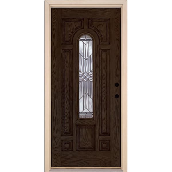 Feather River Doors 37.5 in. x 81.625 in. Brilliant Star Zinc Center Arch Lite Stained Walnut Oak Left-Hand Fiberglass Prehung Front Door