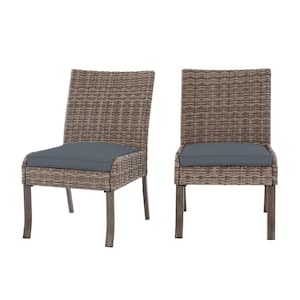 Windsor Brown Wicker Outdoor Patio Stationary Armless Dining Chair with CushionGuard Steel Blue Cushions (2-Pack)