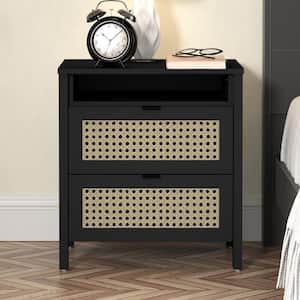 Carnforth 2-Drawer Black Nightstand Sidetable with Laminated Rattan (22.7 in. H x 20.9 in. W x 15.7 in. D)