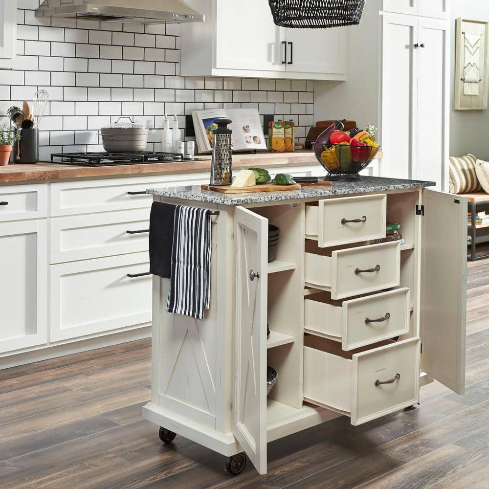 Off-White Granite Top Kitchen Cart with Storage