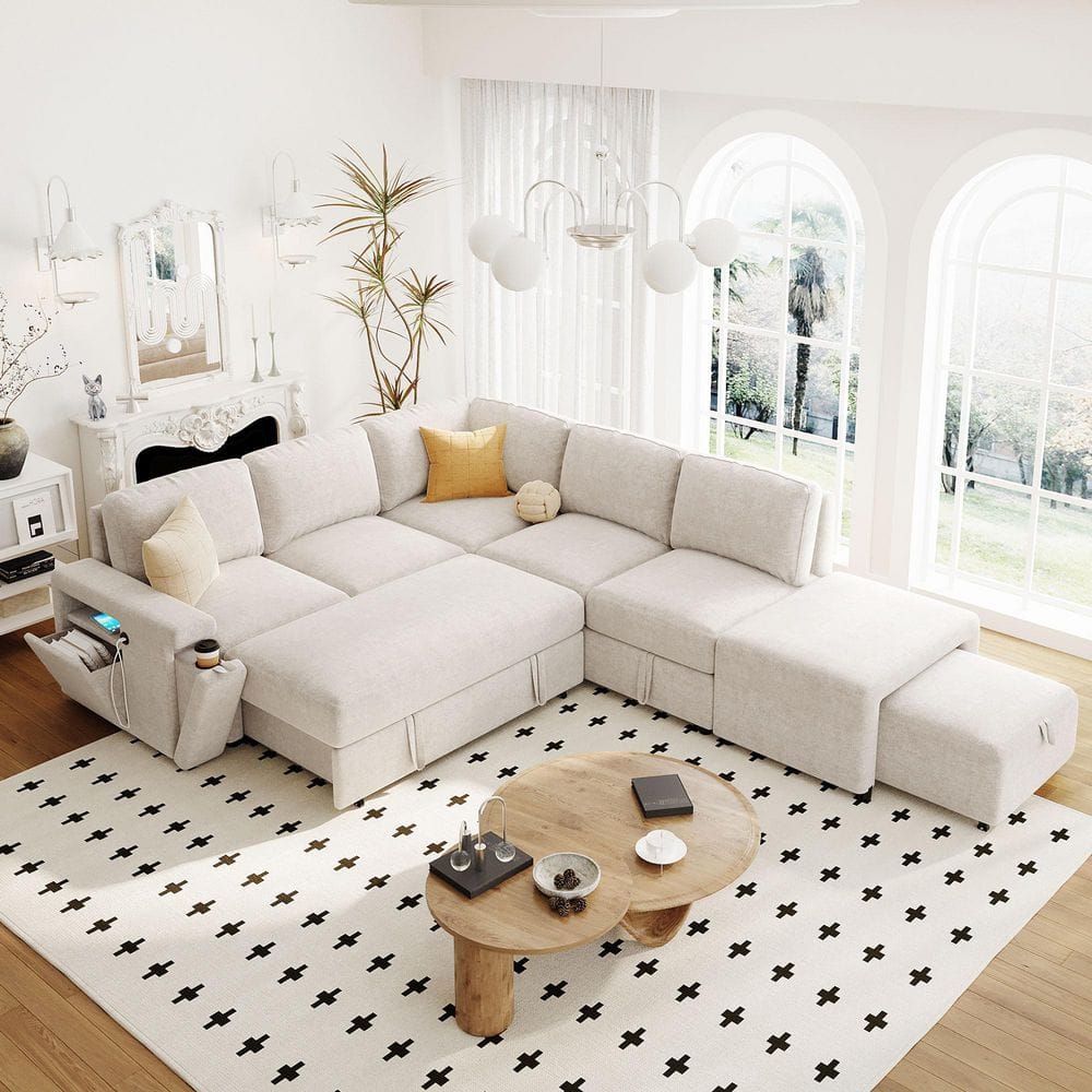 90.6 in. L-Shaped Padded Modular Chenille Sectional Sofa in Beige with Stor