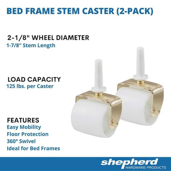 2 1/8 in. White Plastic and Gold Steel Bed Frame Swivel Stem Casters with Sockets and 125 lb. Load Rating 2 Pack