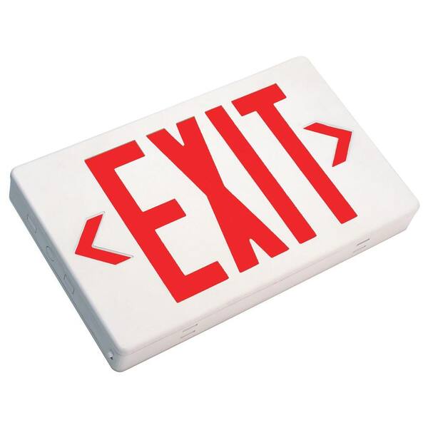 Unbranded White V-O Flame-Retardant Thermoplastic LED Emergency Exit Sign, Self Contained, Fully Automatic, with Red Lettering