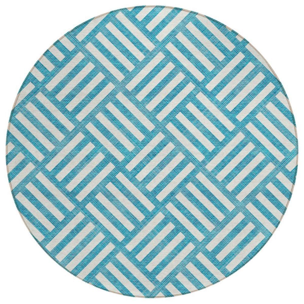 Teal Blue, Ivory 8 ft. Round Woven Geometric Polyester Round Indoor/Outdoor Area Rug price history on PriceWatchPro