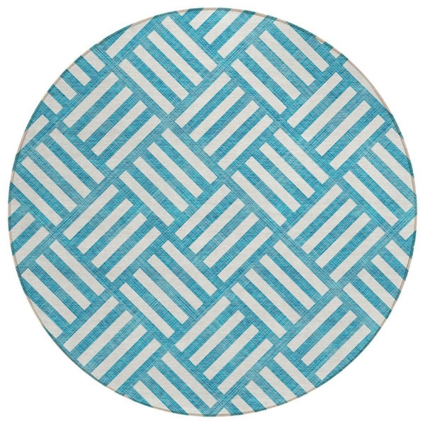 Teal Blue, Ivory 8 ft. Round Woven Geometric Polyester Round Indoor/Outdoor Area Rug