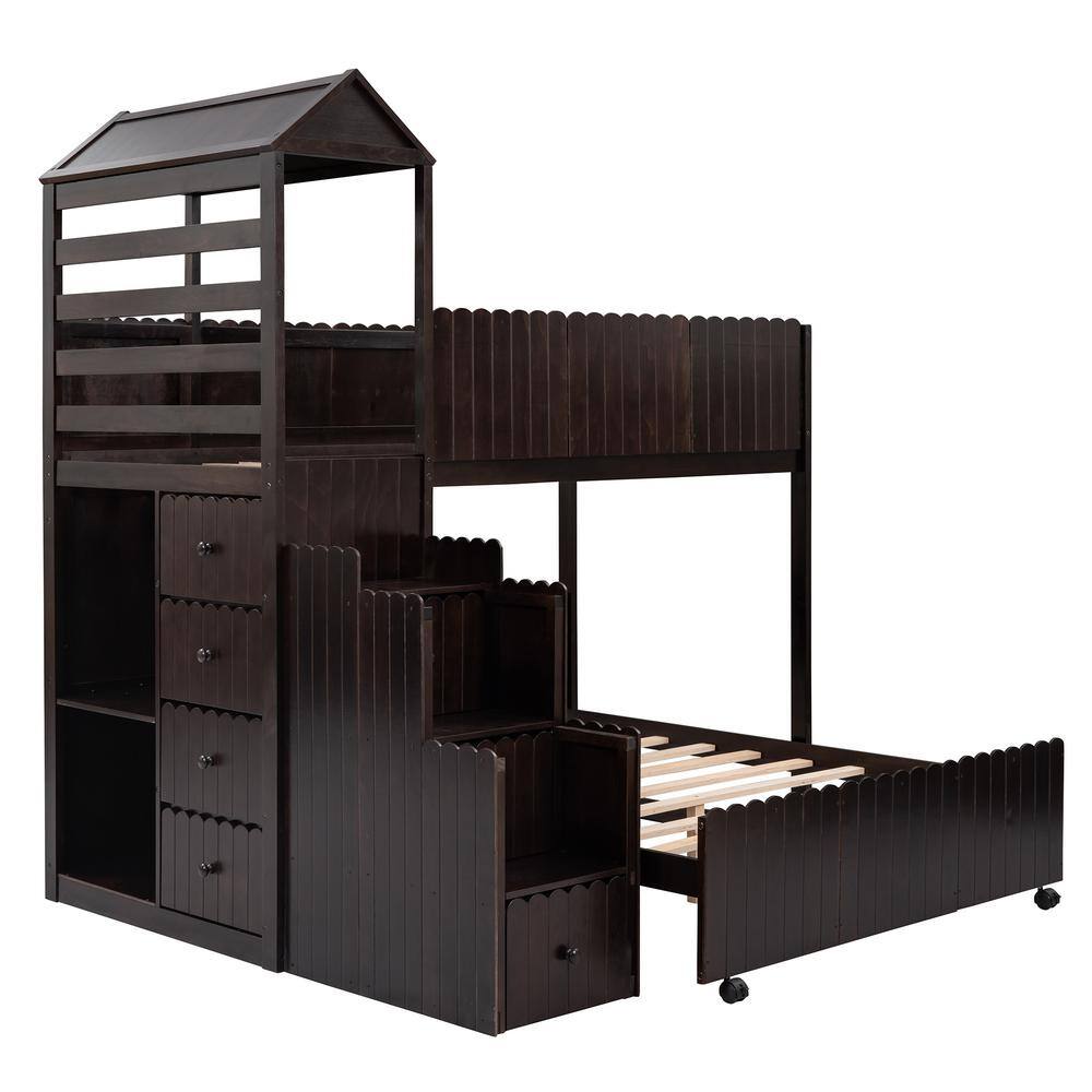 Polibi Espresso Stairway Twin Over Full Bunk Bed With 2-Shelves And 7 ...