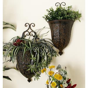 22in. Large Brown Metal Scroll Indoor Outdoor Hanging Wall Planter (2- Pack)