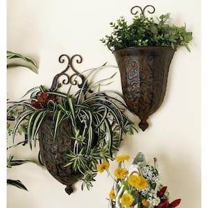 22in. Large Brown Metal Scroll Indoor Outdoor Hanging Wall Planter (2- Pack)