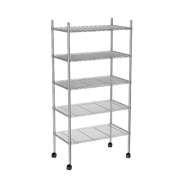 SONGMICS Kitchen Shelf, Metal Shelves, 5-Tier Wire Shelving Unit with 8  Hooks, Narrow Storage Rack with PP Shelf Liners, Height-Adjustable, for  Bathroom, Pantry, Silver ULGR065E01