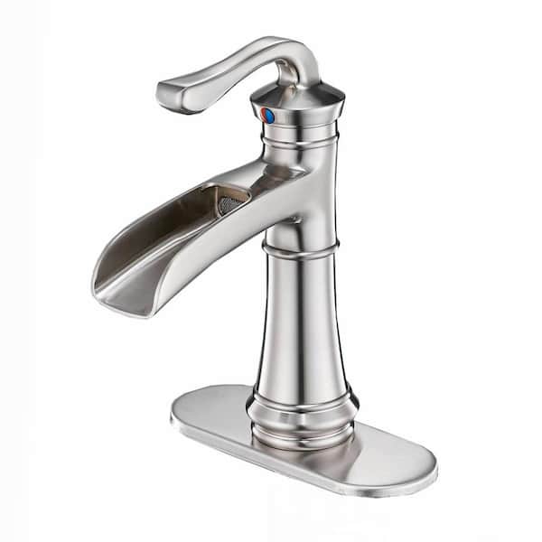 FLG Single Handle Single Hole Bathroom Faucet Waterfall Brass Sink Basin Faucets with Deckplate Included in Brushed Nickel