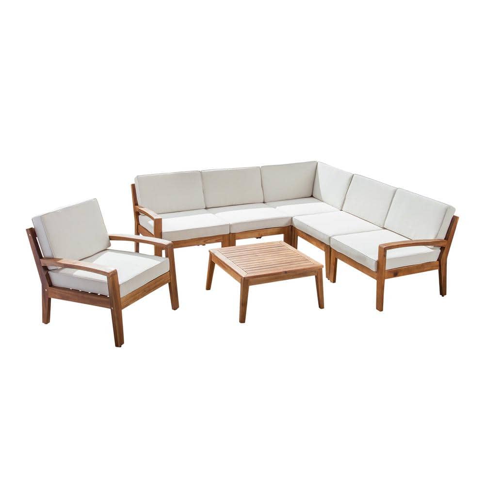 Teak and Beige 7-Piece Outdoor Sectional Sofa Set with Armchairs