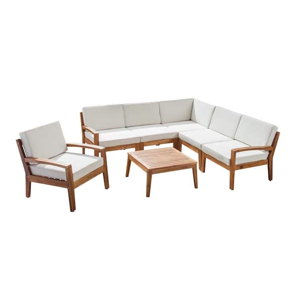 Grenada Teak Brown 7-Piece Wood Outdoor Patio Conversation Set with Beige Cushions