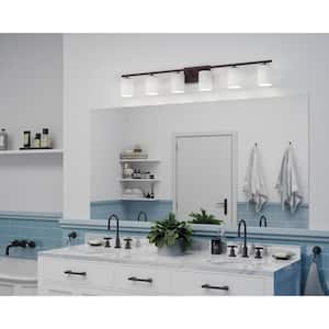 Replay Collection 48 in. 6-Light Antique Bronze Vanity Light with Etched White Glass Shades Modern Bath