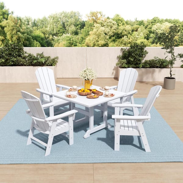 WESTIN OUTDOOR Laguna Outdoor Patio Adirondack Weather Resistant White 5-Piece HDPE Plastic Square Table Dining Set