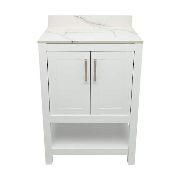 Ella Taos 25 in. W x 19. in D. x 36 in. H Bath Vanity in White with Quartz Stone Calacatta White Top with White Basin
