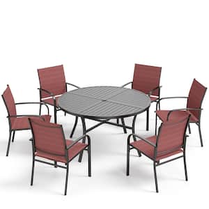 Black 7-Piece Metal Slat Round Table Outdoor Patio Dining Set with Red Textilene Chairs