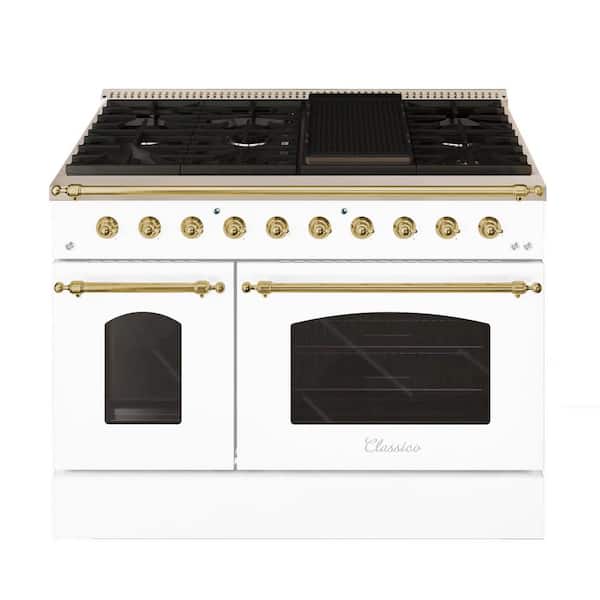 Hallman CLASSICO 48” TTL 6.7 Cu.Ft. 8 Burner Freestanding All Gas Range with LP Gas Stove and Gas Oven, White with Brass Trim