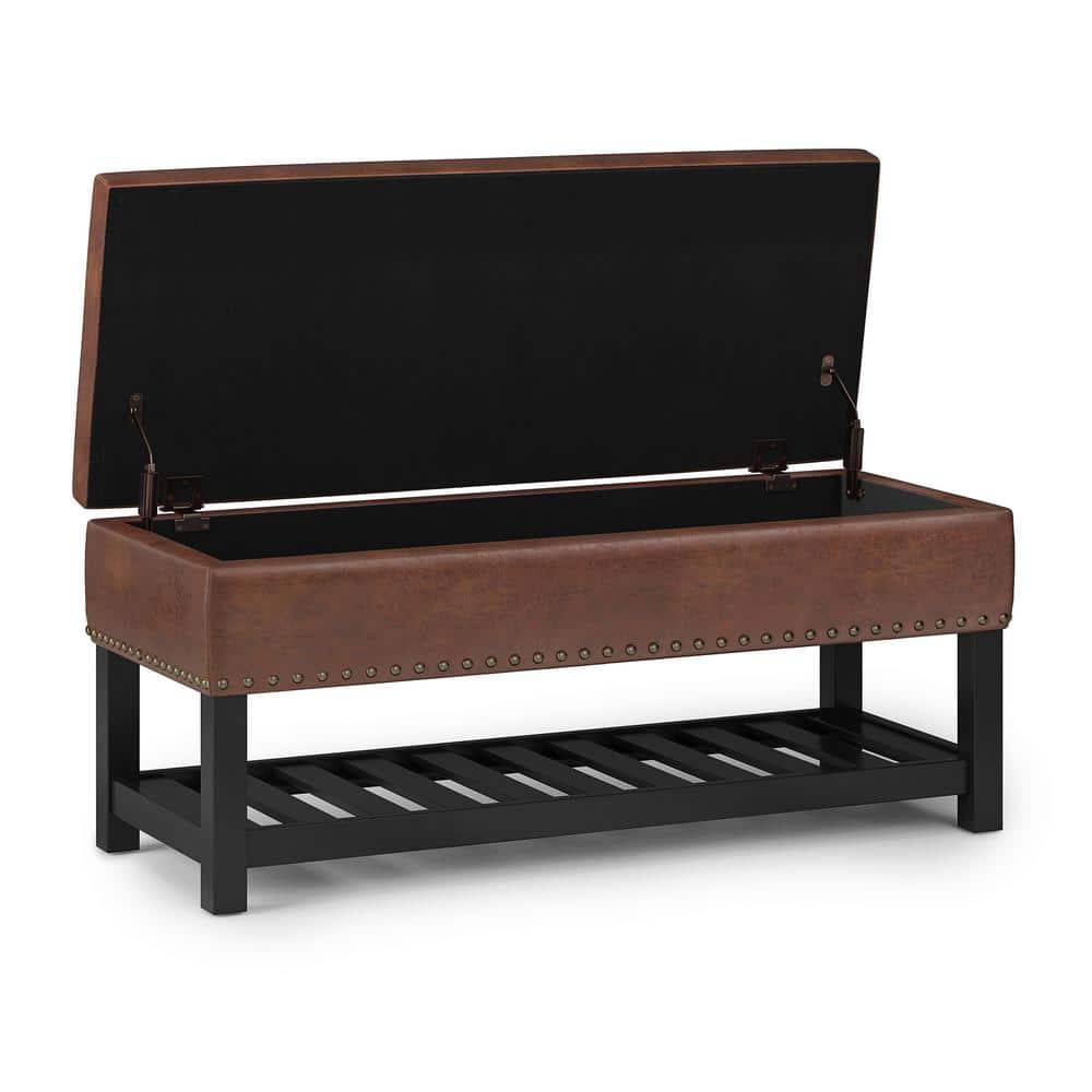 Distressed Saddle Brown Tufted Faux Leather Storage Bench