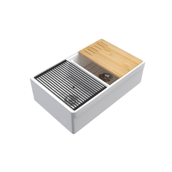 36 in. L Single Bowl Farmhouse Apron-Front Gray Fireclay Kitchen Sink With Bottom Grid and Strainer Drain
