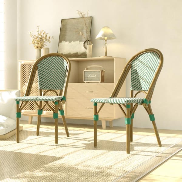JOYSIDE Outdoor French Wicker Aluminum Patio Armless Dining Chair in Light Green and White (2-Pack)