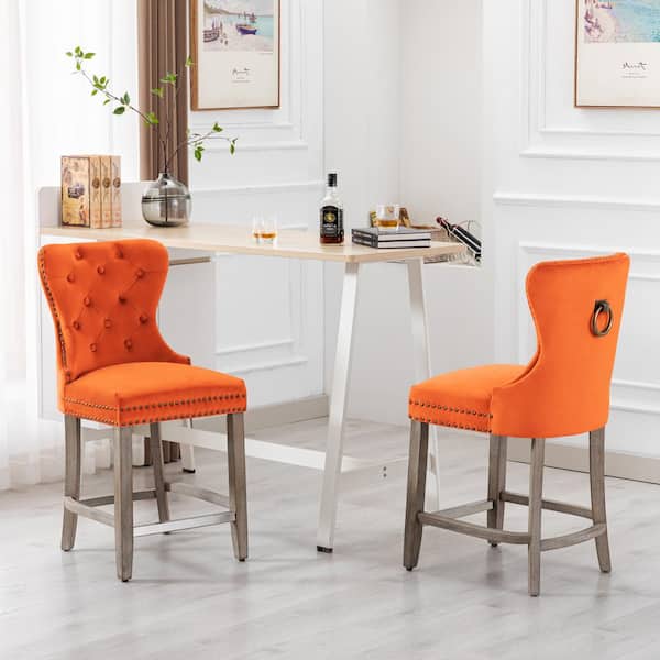 Harper 24 in. in Orange Velvet Tufted Wingback Kitchen Counter Bar Stool with Solid Wood Frame Antique Gray (Set of 2)