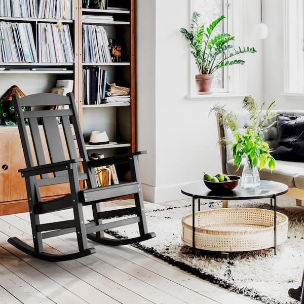 Black Plastic Outdoor Rocking Chair Porch Rocker for Outdoor and Indoor (2-Pack)