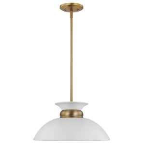 Perkins 100-Watt 1-Light Matte White/Burnished Brass Shaded Pendant Light with Black Metal Shade, No Bulbs Included