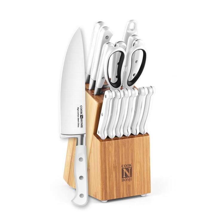 Cook N Home Kitchen Knife Set with Bamboo Storage Block 15-Piece, High Carbon Stainless Steel Blade, White