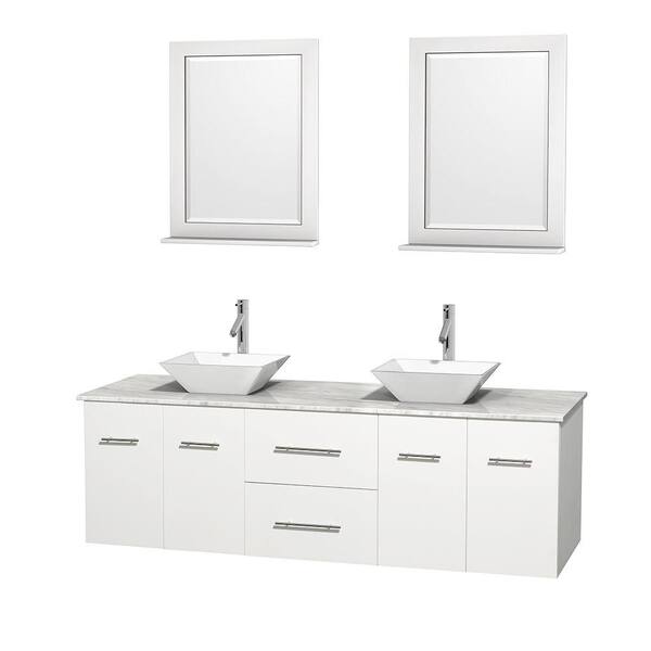 Wyndham Collection Centra 72 in. Double Vanity in White with Marble Vanity Top in Carrara White, Porcelain Sinks and 24 in. Mirror
