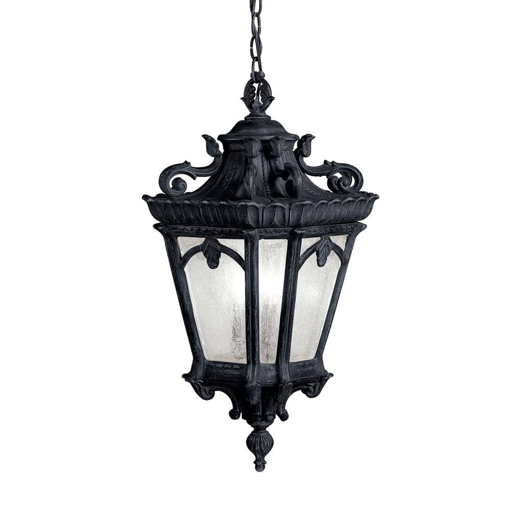 Textured Black 3-Light Outdoor Hanging Pendant with Clear Glass