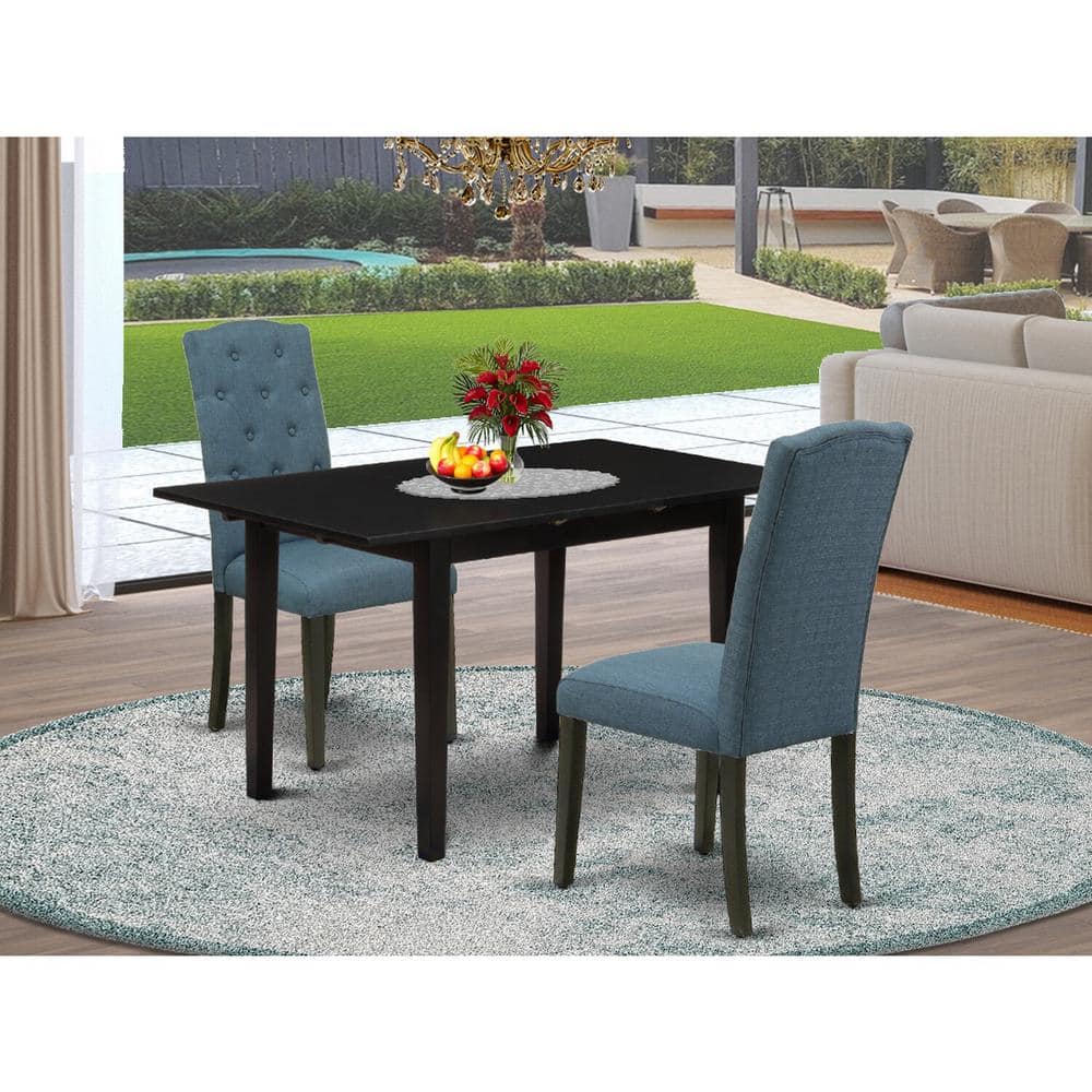 3-Piece Black Finish Rectangular Solid Wood Top With Butterfly Leaf Dining Table Set