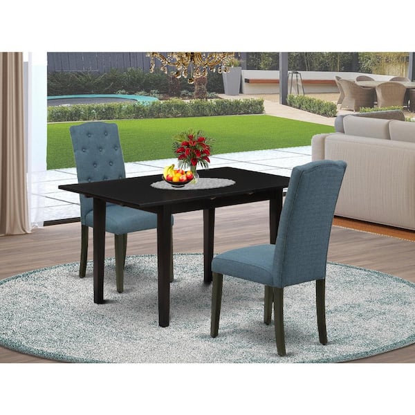 East West Furniture 3-Piece Black Finish Rectangular Solid Wood Top With Butterfly Leaf Dining Table Set
