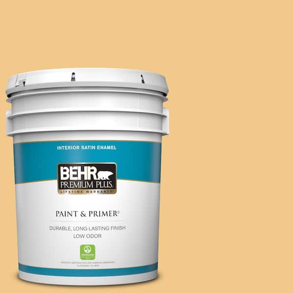 BEHR PREMIUM PLUS 5 gal. Home Decorators Collection #HDC-CL-16 Beacon Yellow Satin Enamel Low Odor Interior Paint & Primer