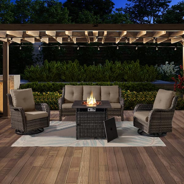 Opohoro ArcoBay 4-Piece Gray Wicker Patio Square Fire Pit Conversation Set with Gray Cushions and Swivel Rocking Chairs
