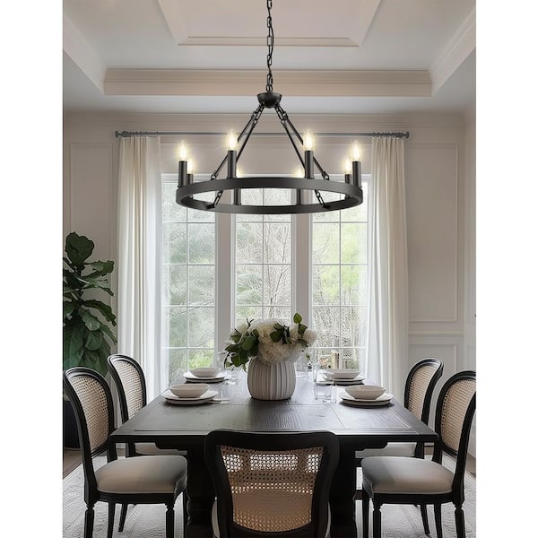 8-Light Industrial Black Circular Ring Wagon Wheel Chandelier with E12 Base for Dining Room, Foyer Lighting
